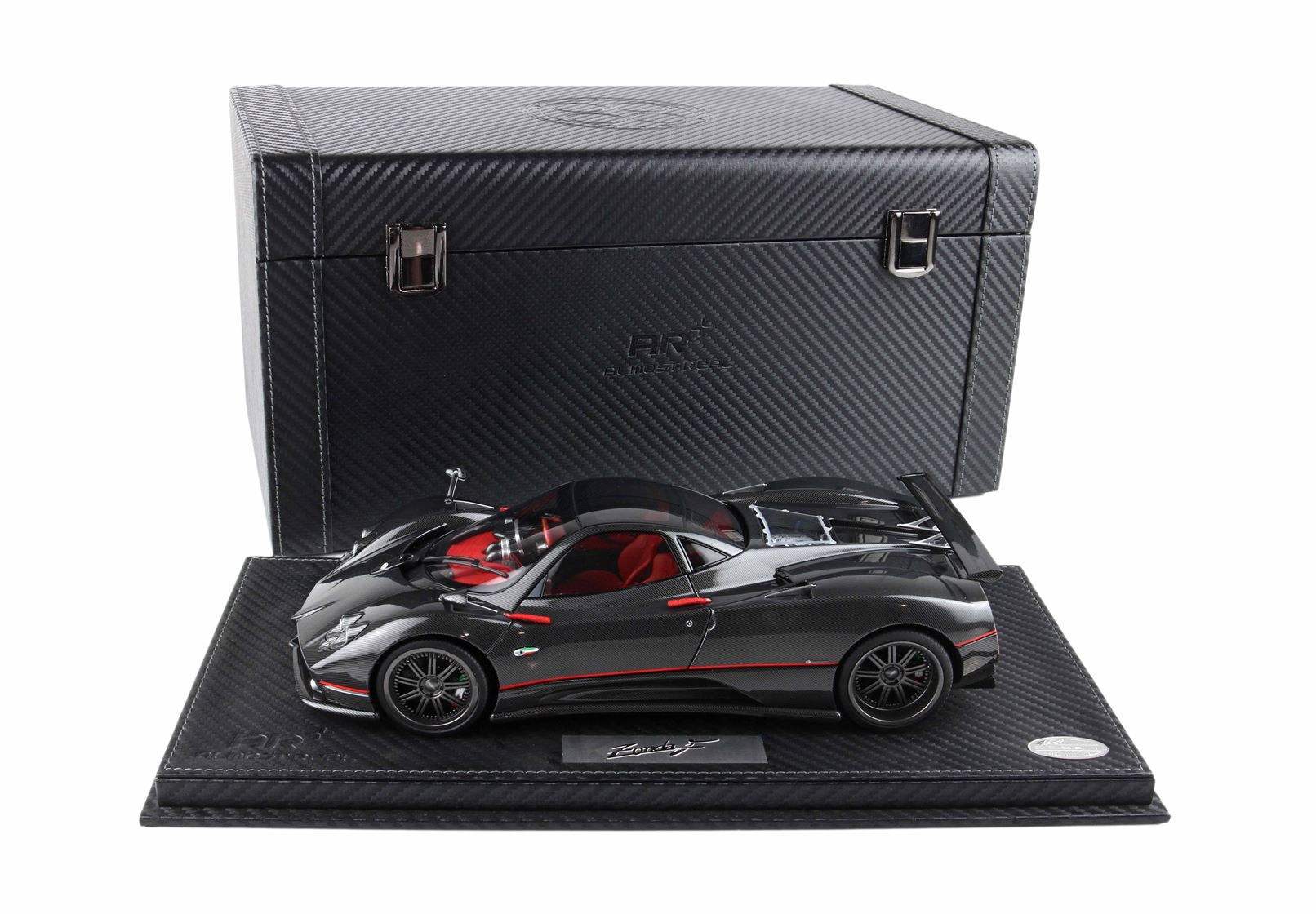 BBR Pagani Zonda F diecast full open Gloss carbon Black with red stripe - SPECIAL PACK 850410021DIE 1/18 Pre-Order